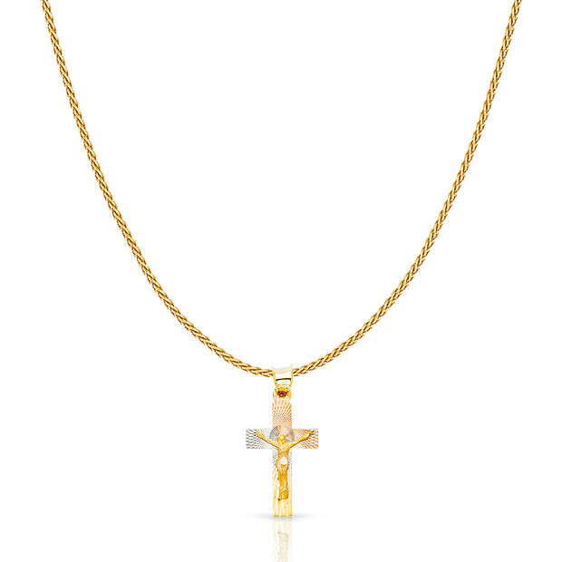 14K Gold Diamond Cut Crucifix Jesus Cross Stamp Charm Pendant with 0.9mm Wheat Chain Necklace