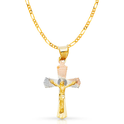 14K Gold Crucifix Jesus Cross Stamp Pendant with 2mm Figaro 3+1 Chain