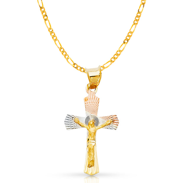14K Gold Crucifix Jesus Cross Stamp Pendant with 2mm Figaro 3+1 Chain