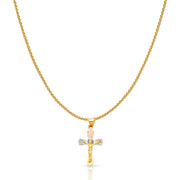 14K Gold Diamond Cut Crucifix Jesus Cross Stamp Charm Pendant with 0.9mm Wheat Chain Necklace