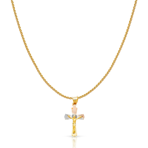 14K Gold Diamond Cut Crucifix Jesus Cross Stamp Charm Pendant with 0.9mm Wheat Chain Necklace