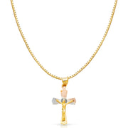 14K Gold Diamond Cut Crucifix Jesus Cross Stamp Religious Charm Pendant with 0.8mm Box Chain Necklace