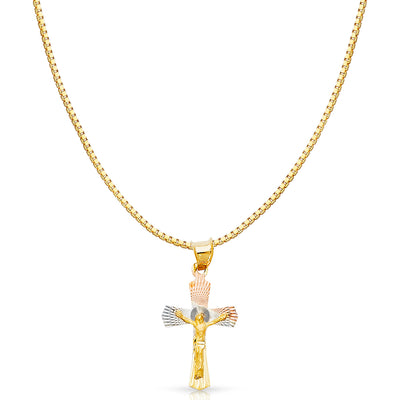 14K Gold Diamond Cut Crucifix Jesus Cross Stamp Religious Charm Pendant with 0.8mm Box Chain Necklace