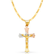14K Gold Crucifix Jesus Cross Stamp Pendant with 2mm Figaro 3+1 Chain