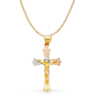 14K Gold Crucifix Jesus Cross Stamp Pendant with 2.3mm Hollow Cuban Chain