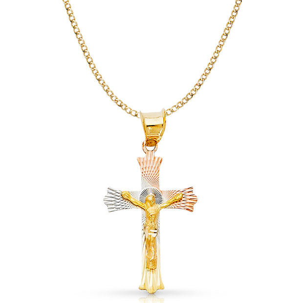 14K Gold Crucifix Jesus Cross Stamp Pendant with 2.3mm Hollow Cuban Chain