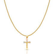 14K Gold Diamond Cut Crucifix Jesus Cross Stamp Charm Pendant with 0.9mm Wheat Chain Necklace