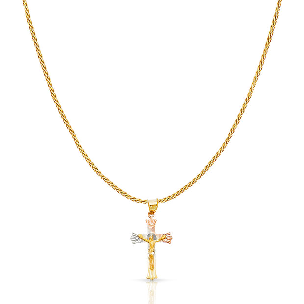 14K Gold Diamond Cut Crucifix Jesus Cross Stamp Charm Pendant with 0.9mm Wheat Chain Necklace