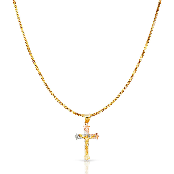 14K Gold Diamond Cut Crucifix Jesus Cross Stamp Charm Pendant with 0.9mm Wheat Chain Necklace