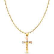 14K Gold Diamond Cut Crucifix Jesus Cross Stamp Religious Charm Pendant with 0.8mm Box Chain Necklace