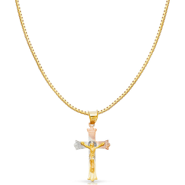 14K Gold Diamond Cut Crucifix Jesus Cross Stamp Religious Charm Pendant with 0.8mm Box Chain Necklace