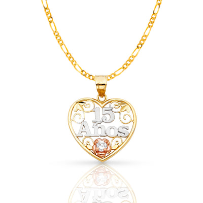 14K Gold Quinceanera Heart Pendant with 2.3mm Figaro 3+1 Chain