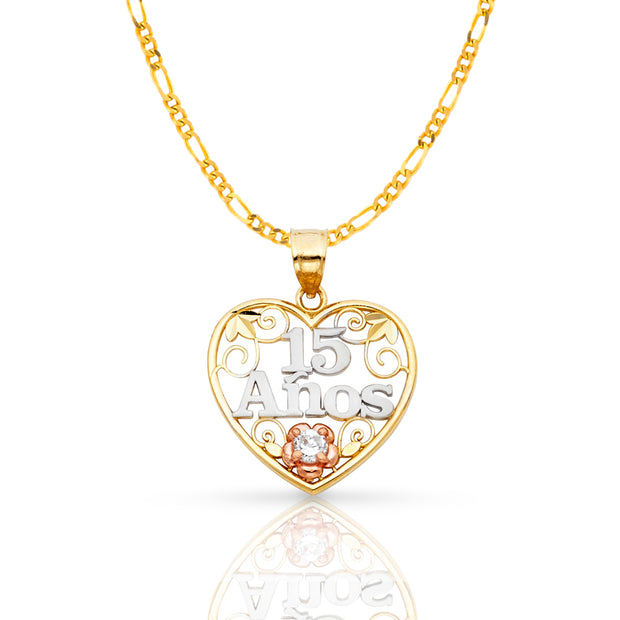 14K Gold Quinceanera Heart Pendant with 2.3mm Figaro 3+1 Chain