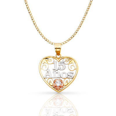 14K Gold Quinceanera Heart Pendant with 2.3mm Hollow Cuban Chain