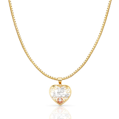 14K Gold Sweet 15 Years Quinceanera Heart Charm Pendant with 1.2mm Box Chain Necklace