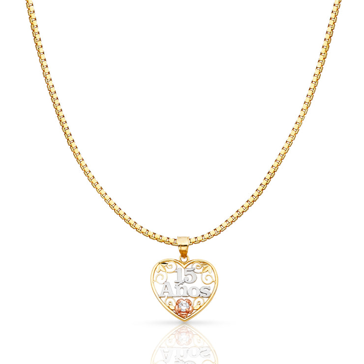 14K Gold Sweet 15 Years Quinceanera Heart Charm Pendant with 1.2mm Box Chain Necklace