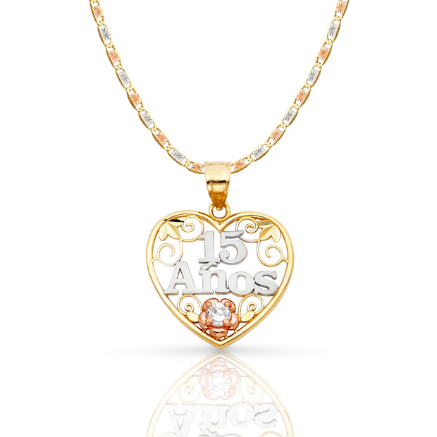 14K Gold Quinceanera Heart Pendant with 2.6mm Valentino Star Chain