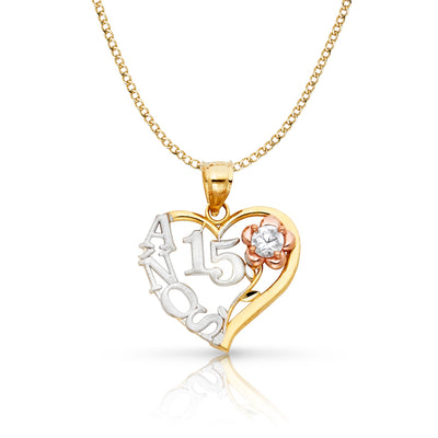 14K Gold Quinceanera Heart Pendant with 2.3mm Hollow Cuban Chain