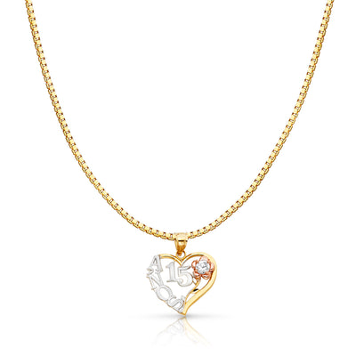 14K Gold Sweet 15 Years Quinceanera Heart Charm Pendant with 1.2mm Box Chain Necklace