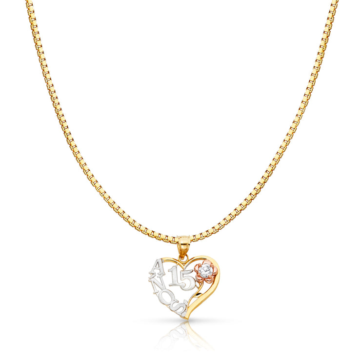 14K Gold Sweet 15 Years Quinceanera Heart Charm Pendant with 1.2mm Box Chain Necklace