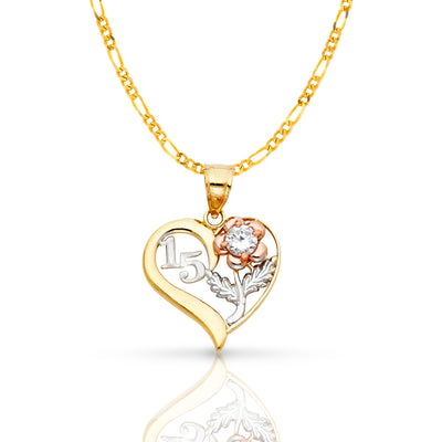 14K Gold Quinceanera Heart Pendant with 2.3mm Figaro 3+1 Chain