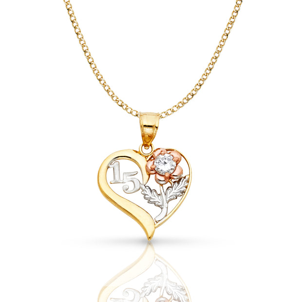 14K Gold Quinceanera Heart Pendant with 2.3mm Hollow Cuban Chain