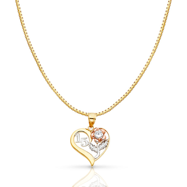 14K Gold Sweet 15 Years Quinceanera Heart Charm Pendant with 0.8mm Box Chain Necklace