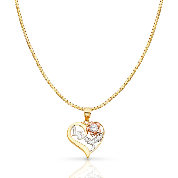 14K Gold Sweet 15 Years Quinceanera Heart Charm Pendant with 0.8mm Box Chain Necklace
