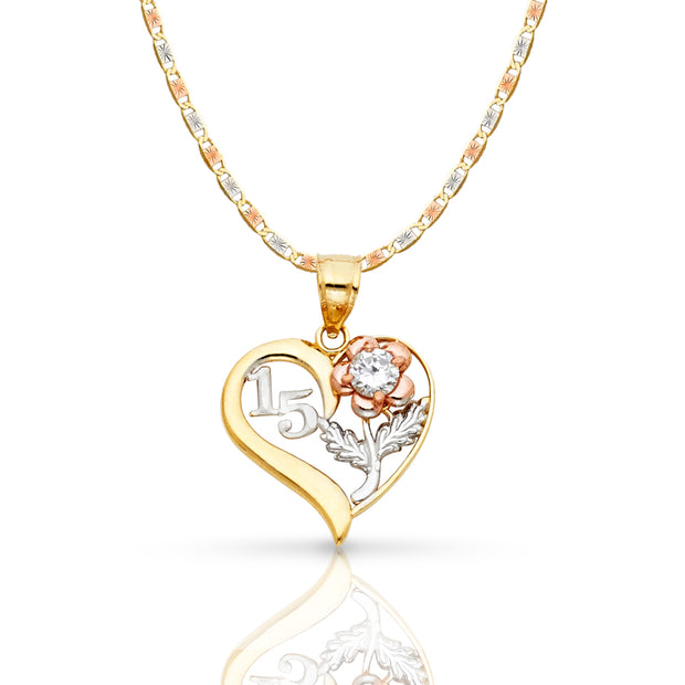 14K Gold Quinceanera Heart Pendant with 2.6mm Valentino Star Chain