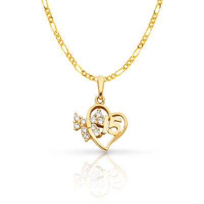 14K Gold Quinceanera Heart CZ Pendant with 2mm Figaro 3+1 Chain