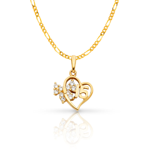 14K Gold Quinceanera Heart CZ Pendant with 2mm Figaro 3+1 Chain