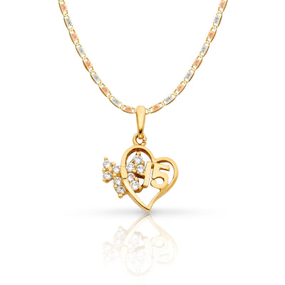 14K Gold Quinceanera Heart CZ Pendant with 1.5mm Valentino Chain