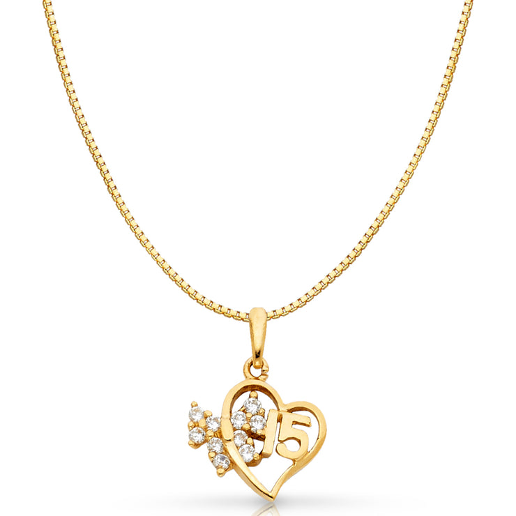 14K Gold Sweet 15 Years Quinceanera Heart CZ Charm Pendant with 0.8mm Box Chain Necklace