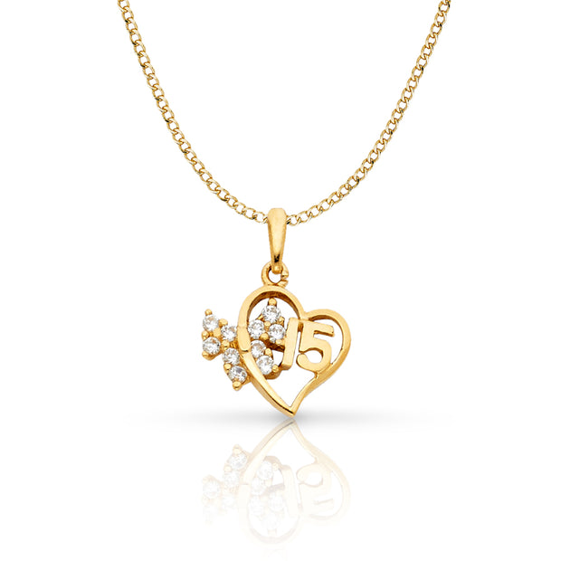 14K Gold Quinceanera Heart CZ Pendant with 2mm Hollow Cuban Bevel Chain