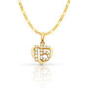 14K Gold Quinceanera Heart CZ Pendant with 1.6mm Figaro 3+1 Chain