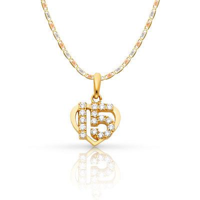 14K Gold Quinceanera Heart CZ Pendant with 1.5mm Valentino Chain