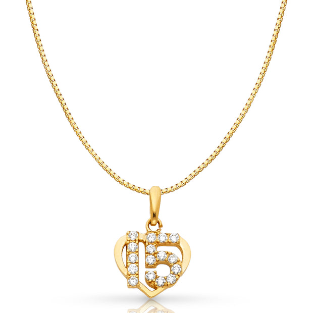 14K Gold Sweet 15 Years Quinceanera Heart CZ Charm Pendant with 0.8mm Box Chain Necklace