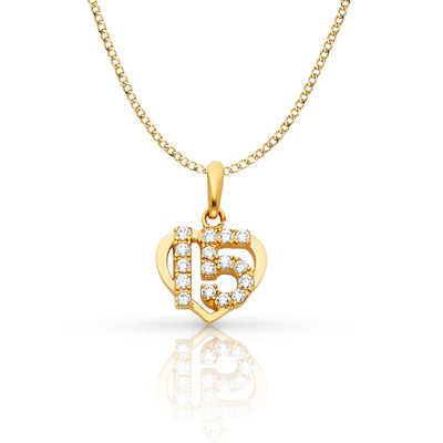 14K Gold Quinceanera Heart CZ Pendant with 2mm Hollow Cuban Bevel Chain