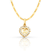 14K Gold Quinceanera Heart CZ Pendant with 1.6mm Figaro 3+1 Chain