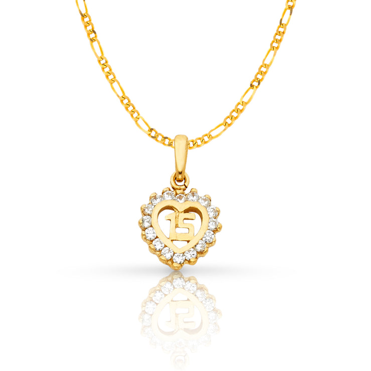14K Gold Quinceanera Heart CZ Pendant with 1.6mm Figaro 3+1 Chain