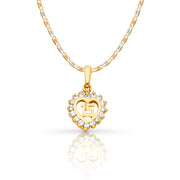 14K Gold Quinceanera Heart CZ Pendant with 1.5mm Valentino Chain