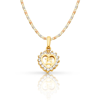 14K Gold Quinceanera Heart CZ Pendant with 1.5mm Valentino Chain