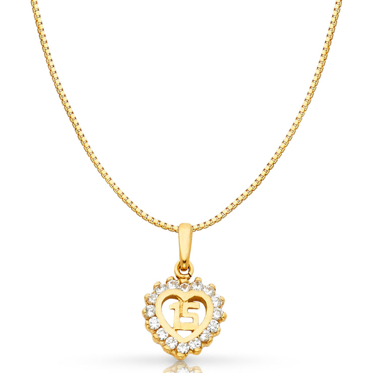 14K Gold Sweet 15 Years Quinceanera Heart CZ Charm Pendant with 0.8mm Box Chain Necklace