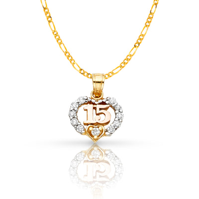 14K Gold Quinceanera Heart CZ Pendant with 1.6mm Figaro 3+1 Chain