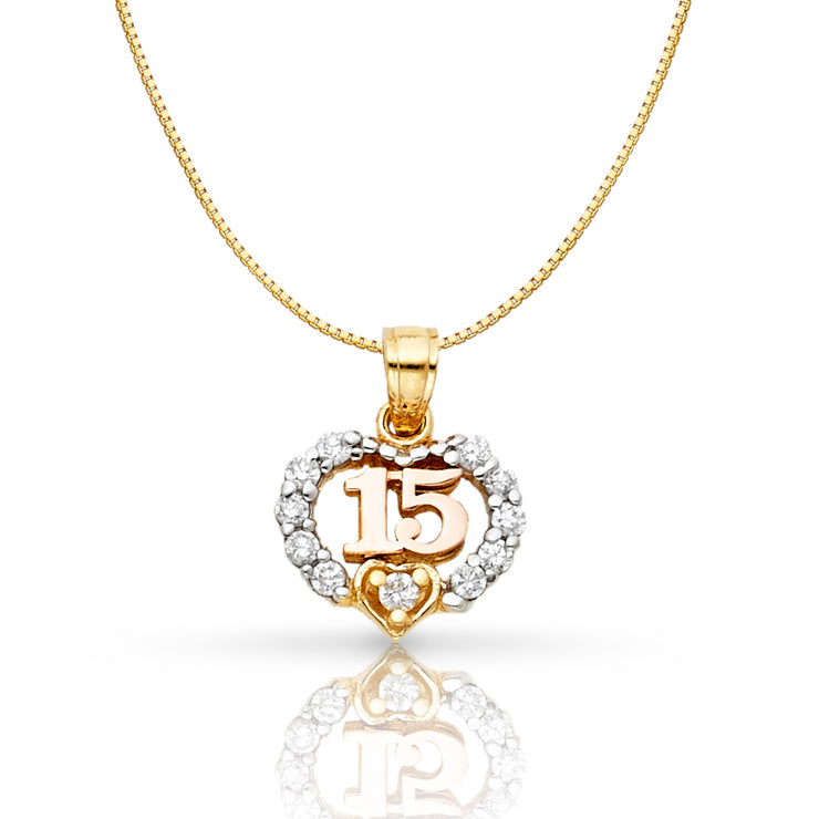 14K Gold Sweet 15 Years Quinceanera Heart CZ Charm Pendant with 0.8mm Box Chain Necklace