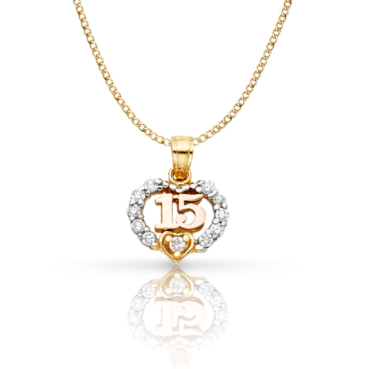 14K Gold Quinceanera Heart CZ Pendant with 2mm Hollow Cuban Bevel Chain