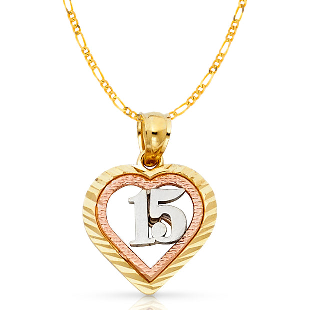 14K Gold Quinceanera Heart Pendant with 2mm Figaro 3+1 Chain