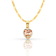 14K Gold Quinceanera Heart Pendant with 1.6mm Figaro 3+1 Chain