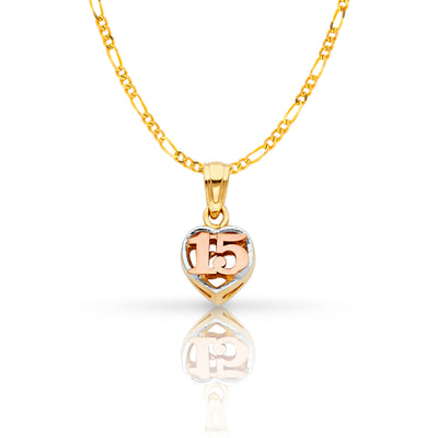 14K Gold Quinceanera Heart Pendant with 1.6mm Figaro 3+1 Chain