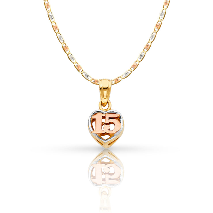 14K Gold Quinceanera Heart Pendant with 1.5mm Valentino Chain